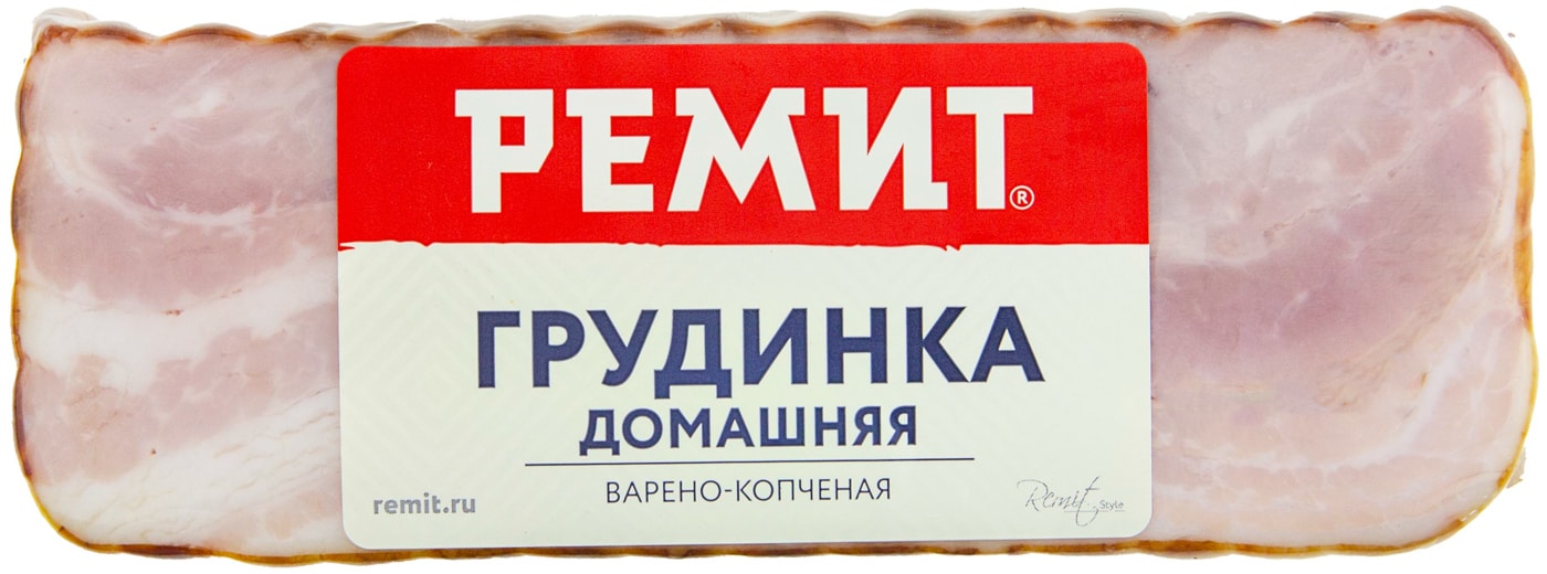 Изображение товара Грудинка Ремит Домашняя копчено-вареная, свинина, вакуумная упаковка, 0.3-0.45 кг