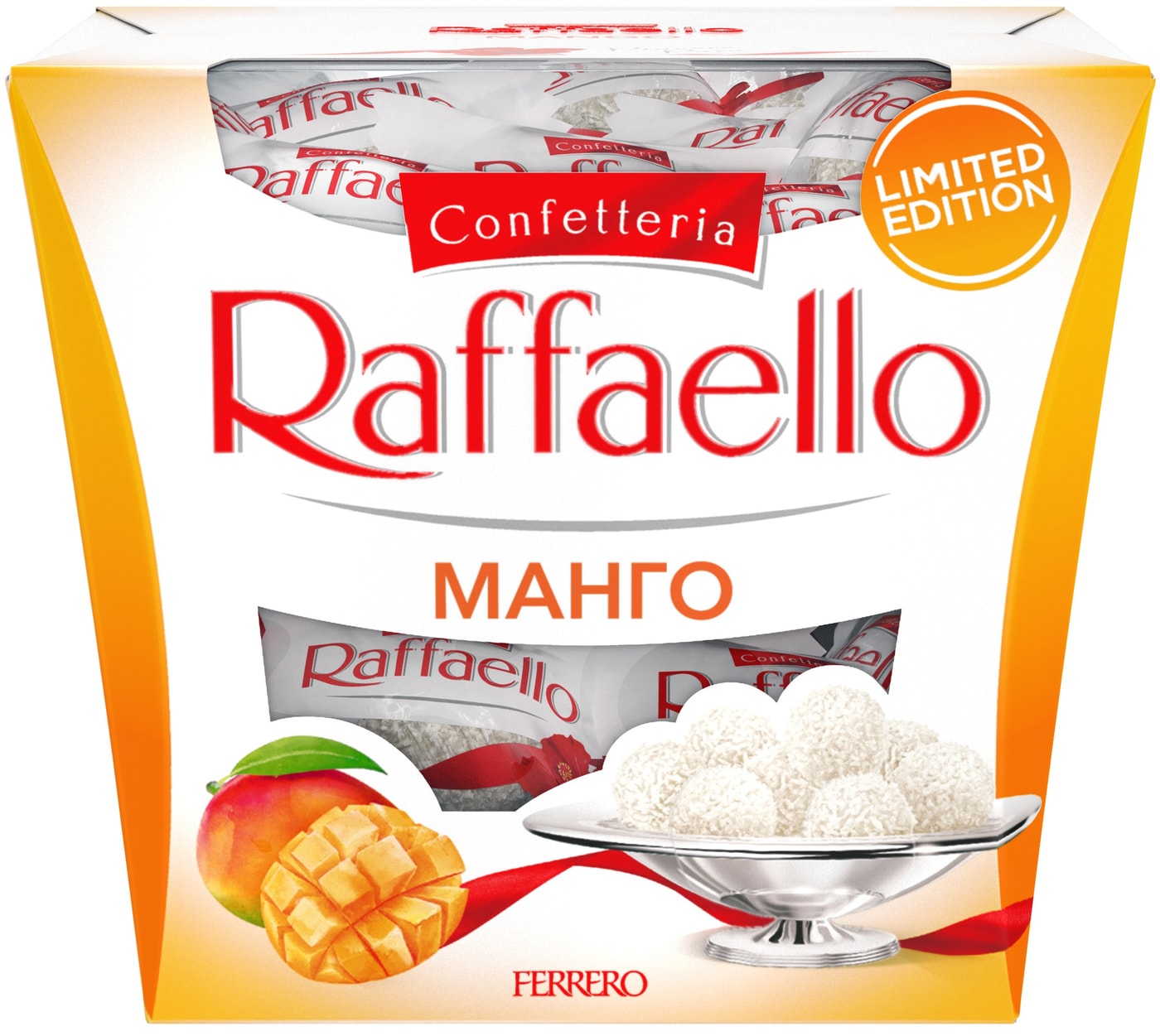 Изображение товара Конфеты Raffaello со вкусом манго с цельным миндальным орехом внутри покрытые кокосовой стружкой 130г