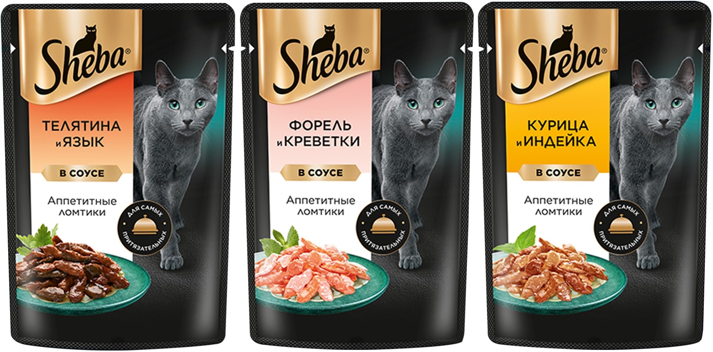 Изображение товара Набор влажных кормов для кошек Sheba 3 вкуса ломтики в соусе 75г 36 шт