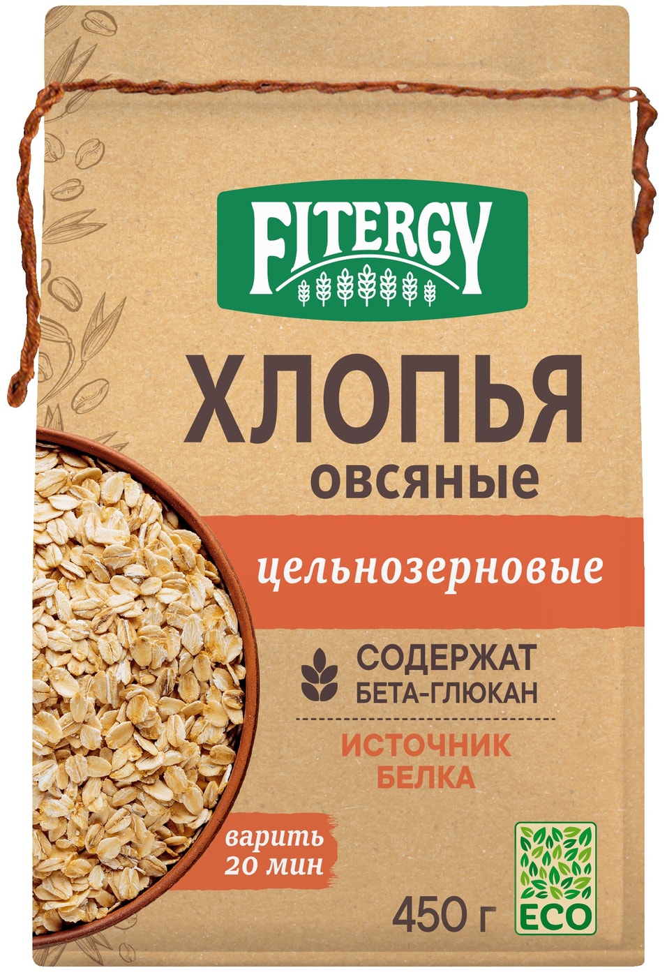 Изображение товара Цельнозерновые овсяные хлопья Fitergy 450 г - быстрый и полезный завтрак