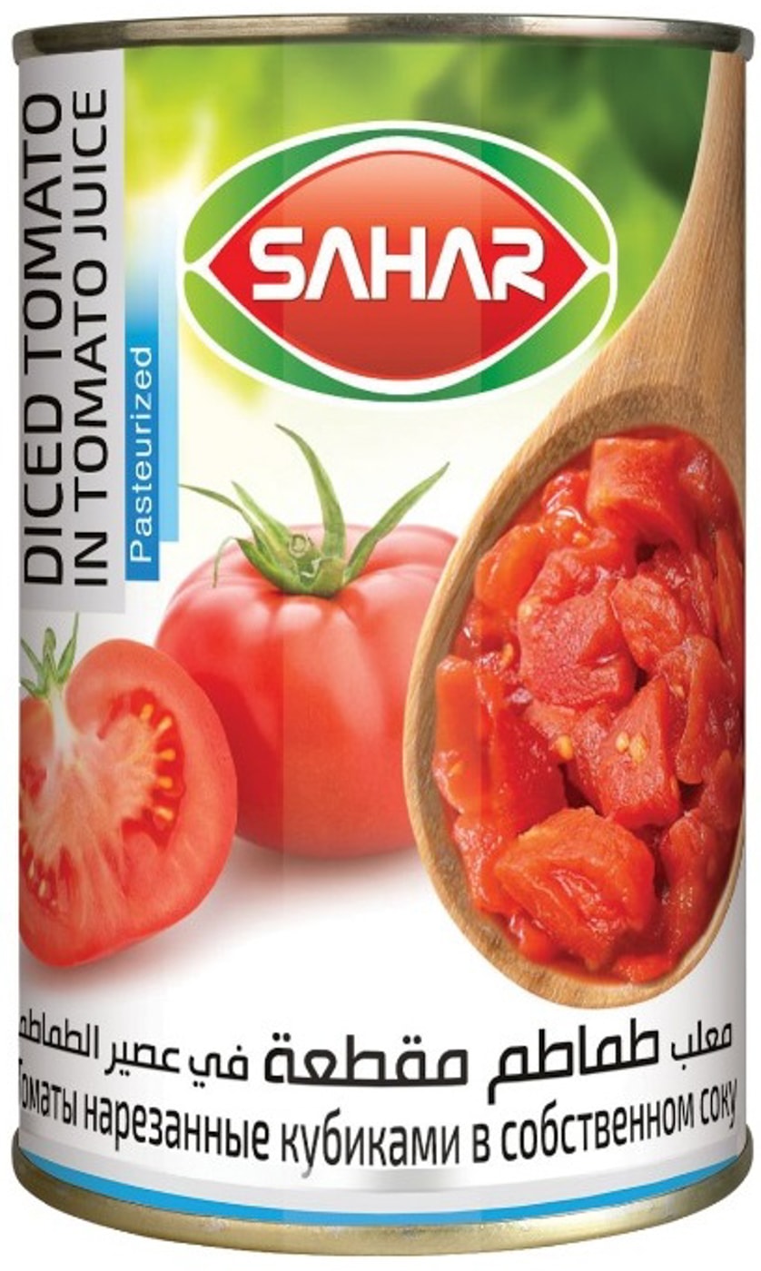Изображение товара Консервированные томаты Sahar нарезанные кубиками в собственном соку 400г