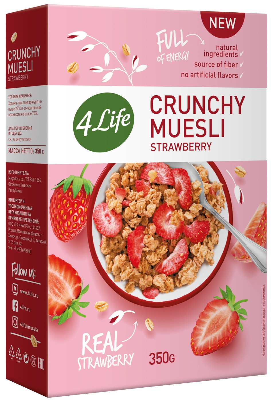 Изображение товара Мюсли 4Life с клубникой, цельнозерновые овсяные хлопья, 350 г