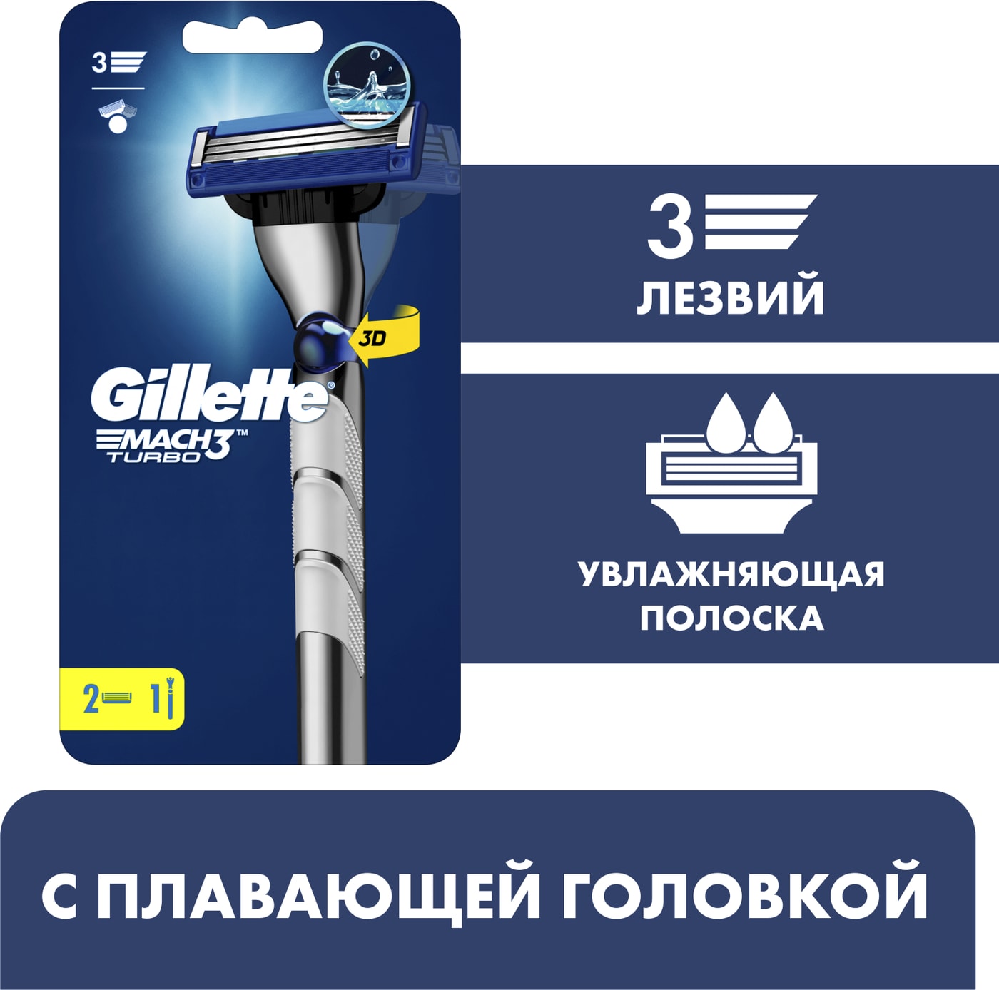 Изображение товара Бритва Gillette Mach3 Turbo с 2 сменными кассетами для мужчин