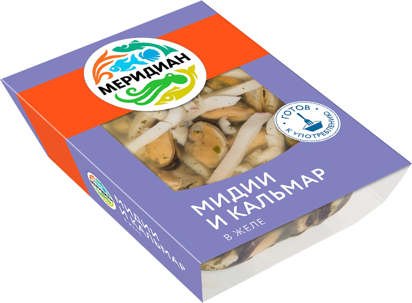 Изображение товара Мидии и кальмар Меридиан в желе с зеленью 200г