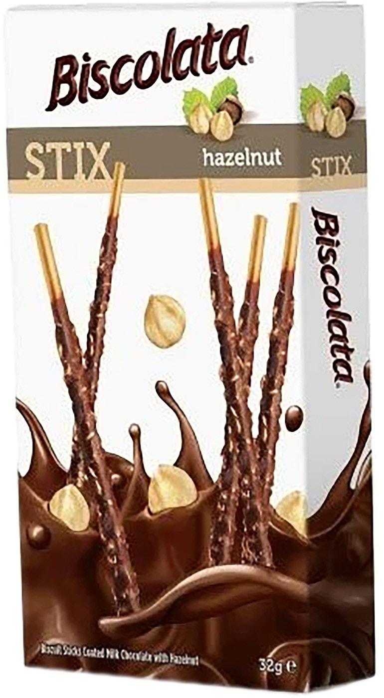 Изображение товара Палочки бисквитные Biscolata в молочном шоколаде и лесным орехом 32г