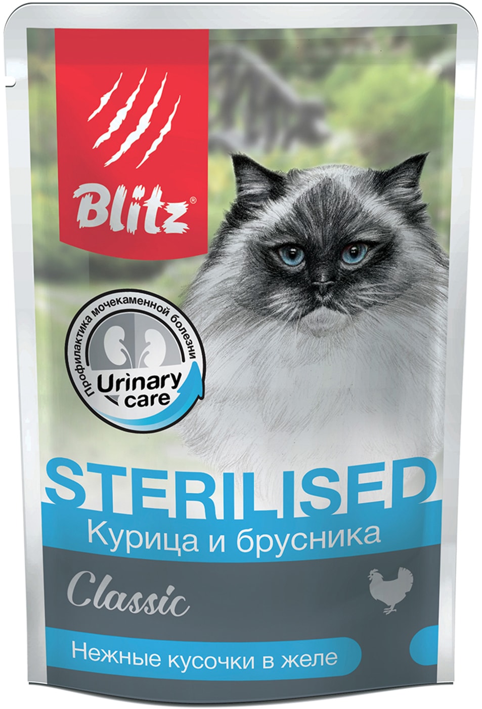 Изображение товара Влажный корм для кошек Blitz Classic Sterilised cat для стерилизованных Курица и брусника 85г