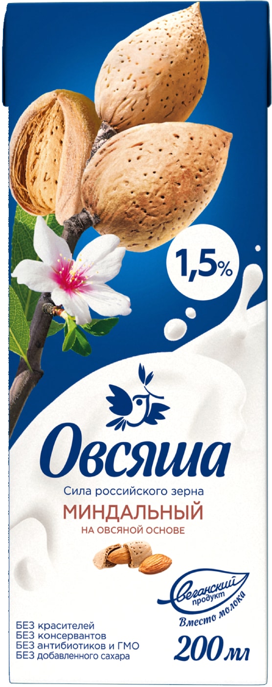 Изображение товара Напиток Овсяша Миндальный на овсяной основе 1.5% 200мл