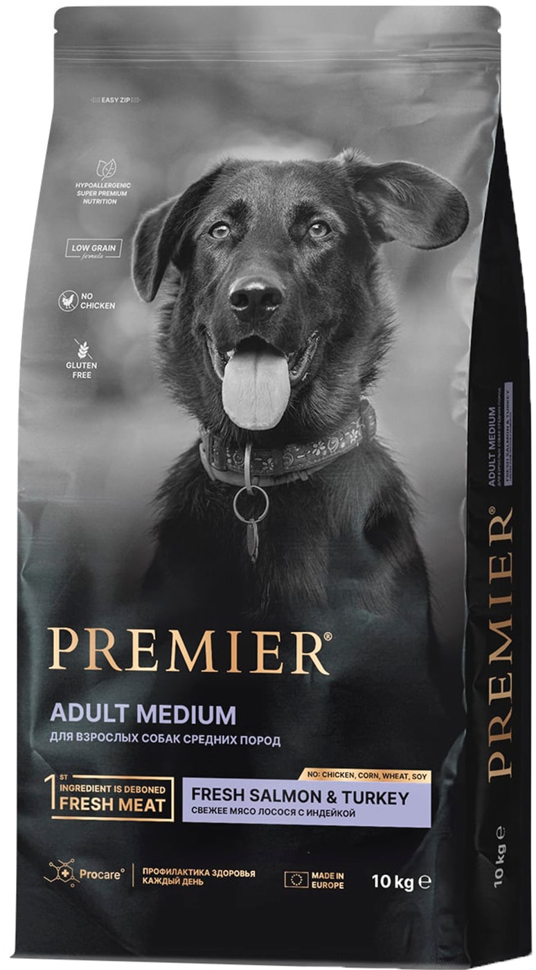 Изображение товара Сухой корм для собак Premier Dog Salmon&Turkey Adult Medium 10 кг натуральный сбалансированный раци