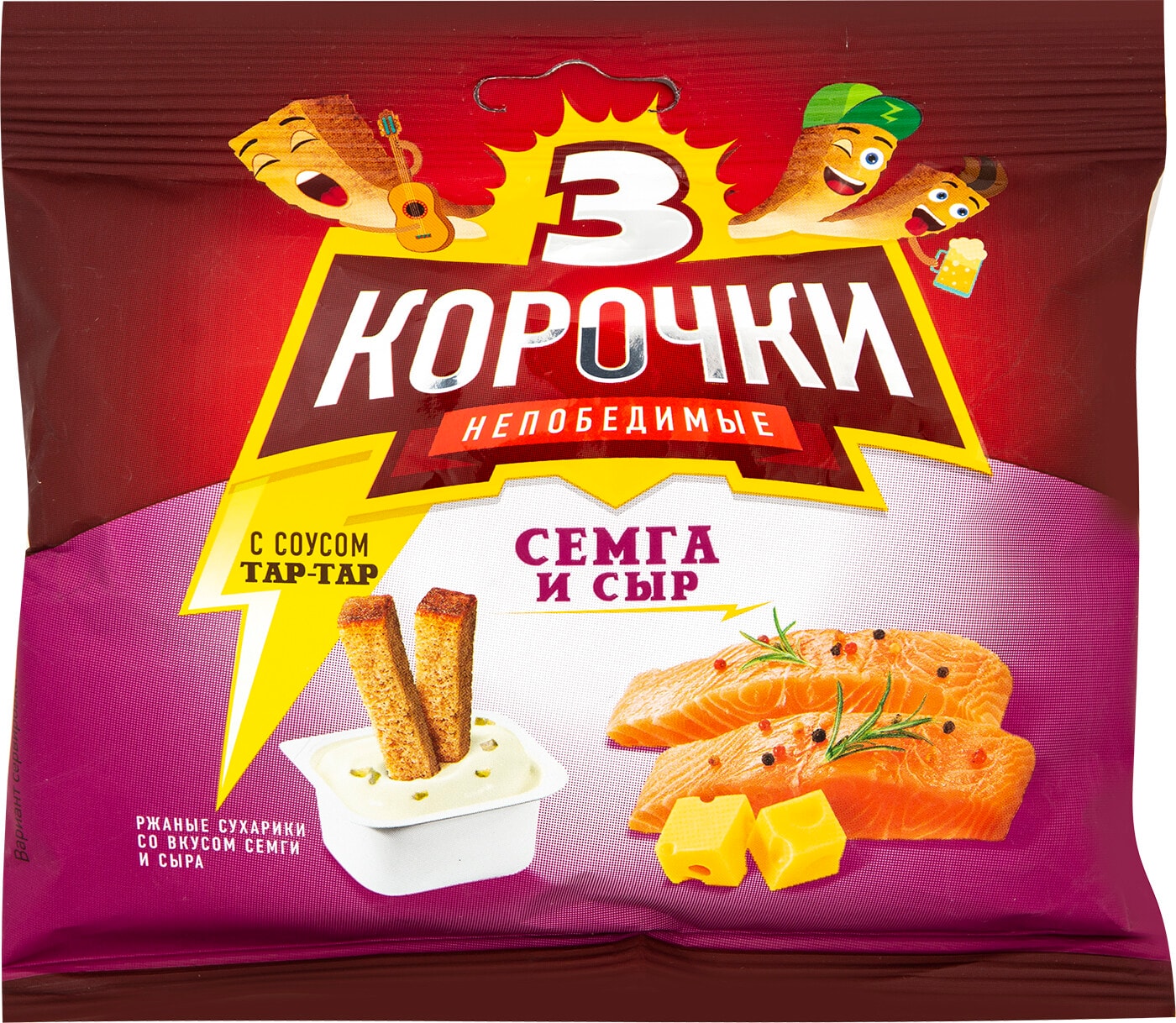 Изображение товара Сухарики Три Корочки Семга и сыр 60г с соусом тартар 25мл