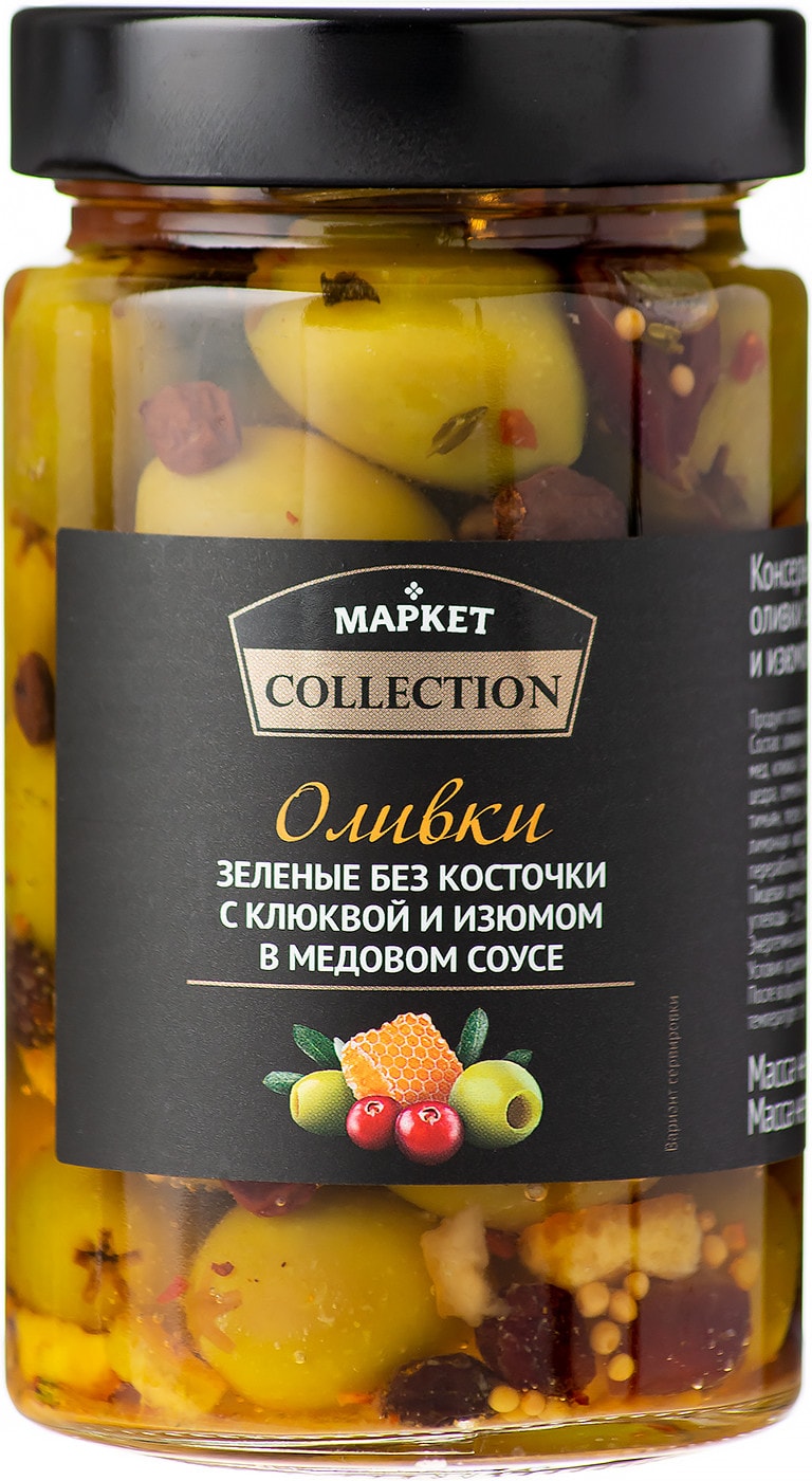 Изображение товара Оливки Market Collection зеленые с клюквой и изюмом в медовом соусе 320г