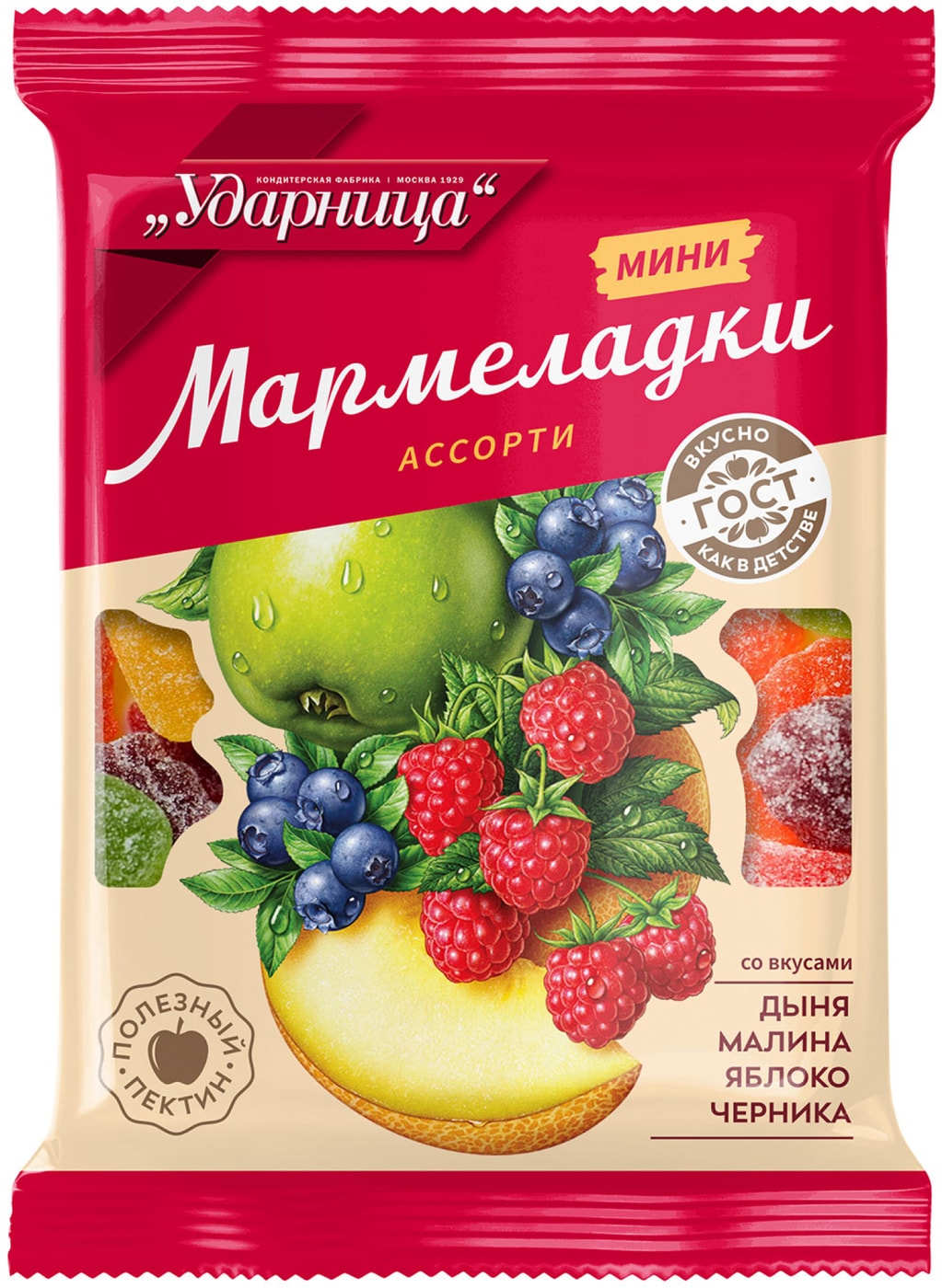 Изображение товара Мармелад Ударница Мини Мармеладки Ассорти со вкусами Дыни Малины Яблока Черники 275г