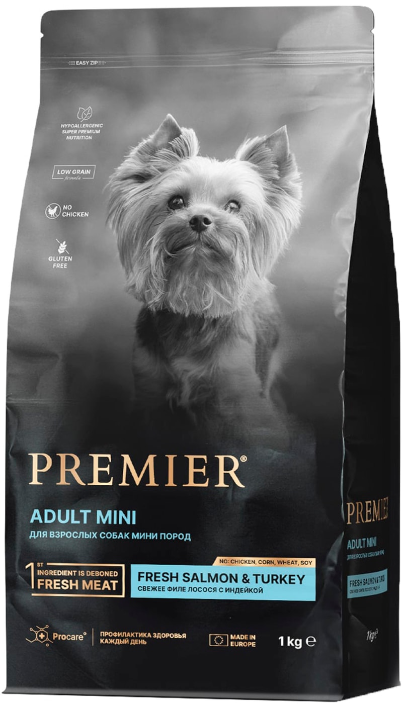 Изображение товара Сухой корм для собак Premier Dog Salmon&Turkey Adult Mini Свежее филе лосося с индейкой 1кг
