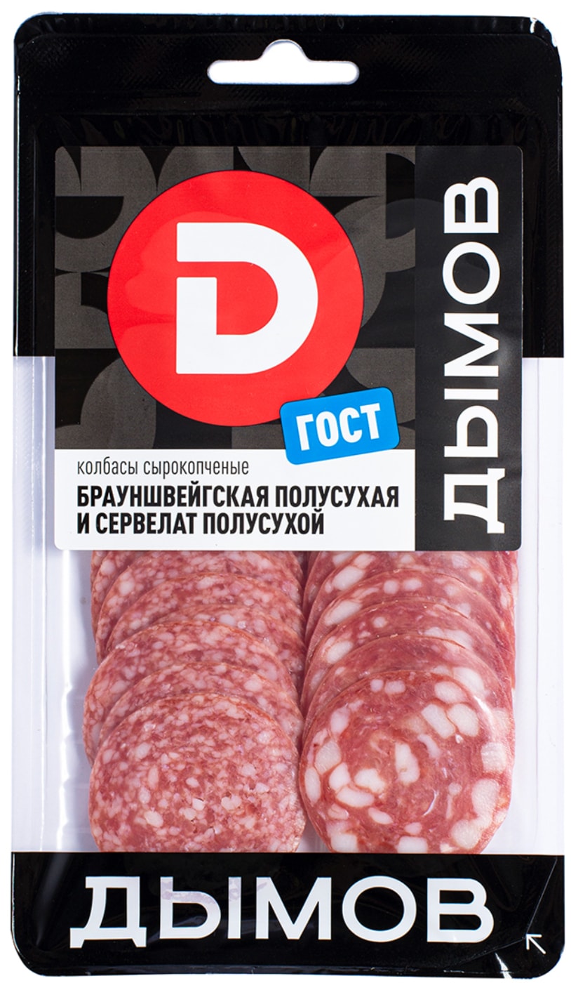 Изображение товара Колбаса Дымов Ассорти брауншвейгская полусухая  + сервелат сырокопченый нарезка 90г
