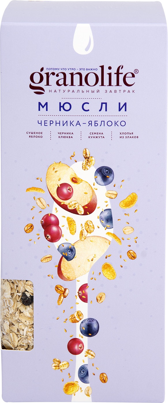 Изображение товара Мюсли Granolife Черника-яблоко 400г натуральный завтрак с цельнозерновыми хлопьями