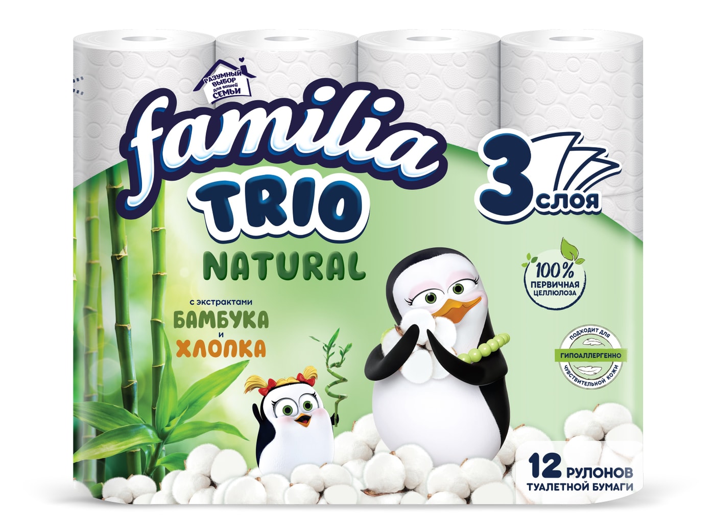 Изображение товара Туалетная бумага Familia Trio 3 слоя, 12 рулонов, мягкая и прочная