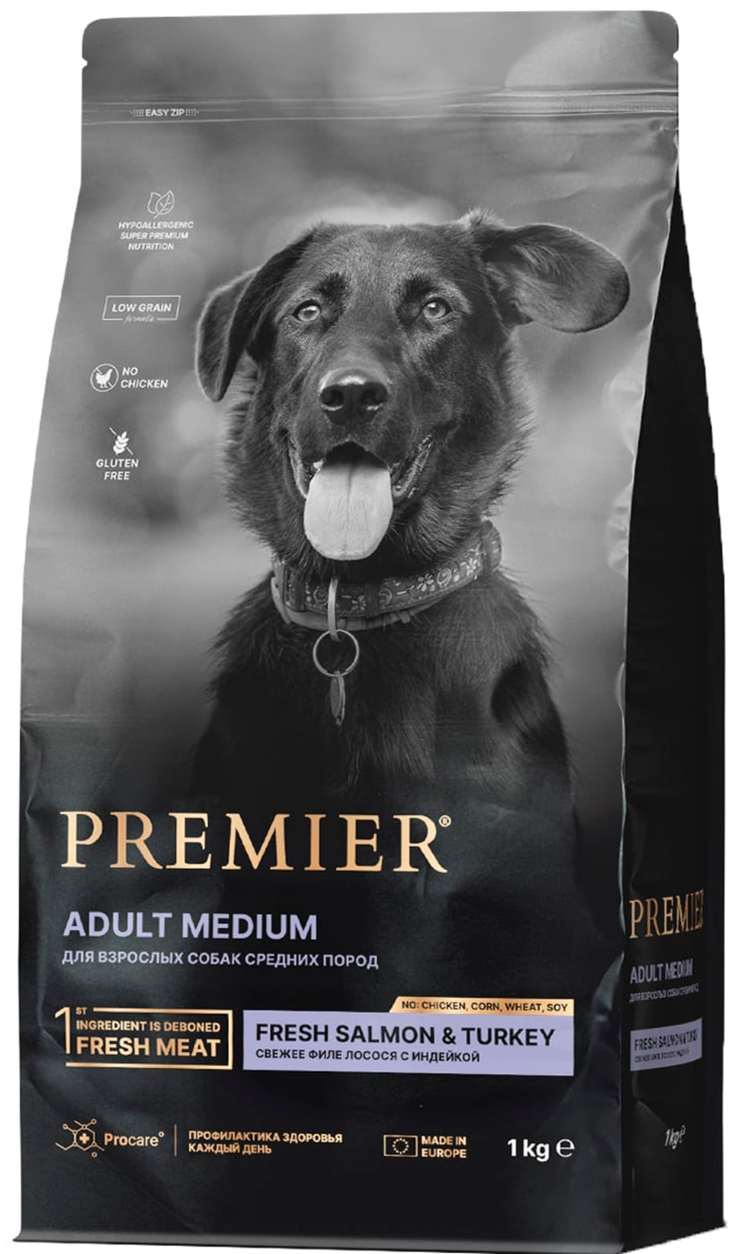 Изображение товара Сухой корм для собак Premier Dog Salmon&Turkey Adult Medium Свежее филе лосося с индейкой 1кг
