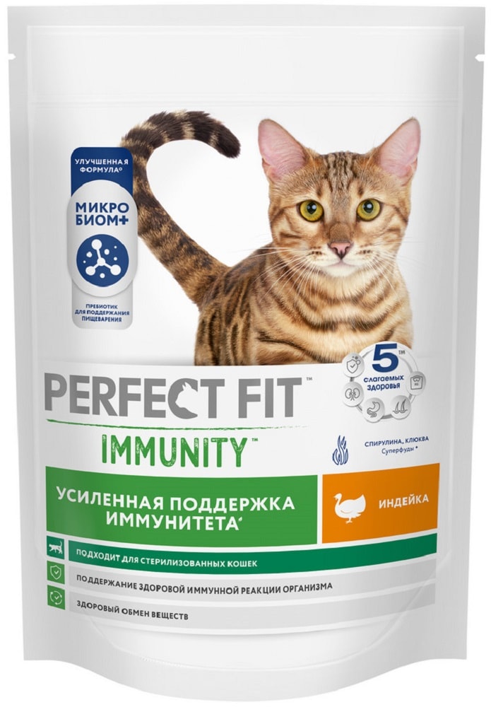Изображение товара Сухой корм для взрослых кошке Perfect Fit Иммунитет индейка с добавлением спирулины и клюквы 580г Изображение товара Сухой корм для взрослых кошке Perfect Fit Иммунитет индейка с добавлением спирулины и клюквы 580г