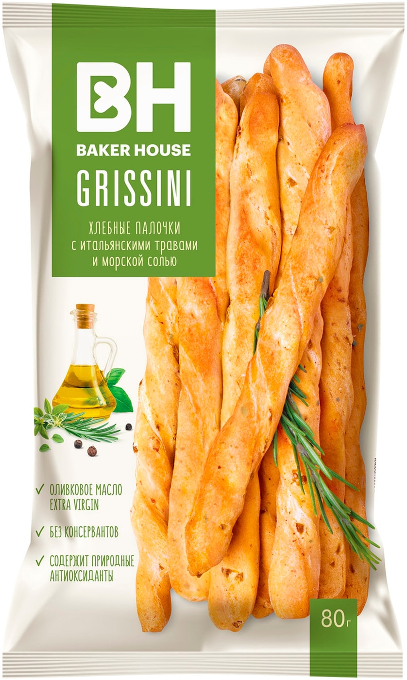 Изображение товара Хлебные палочки Baker House Grissini с итальянскими травами и морской солью 80г