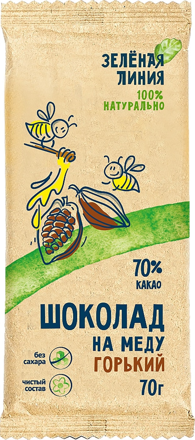 Изображение товара Шоколад Зеленая линия Горький на меду 70% какао 70г