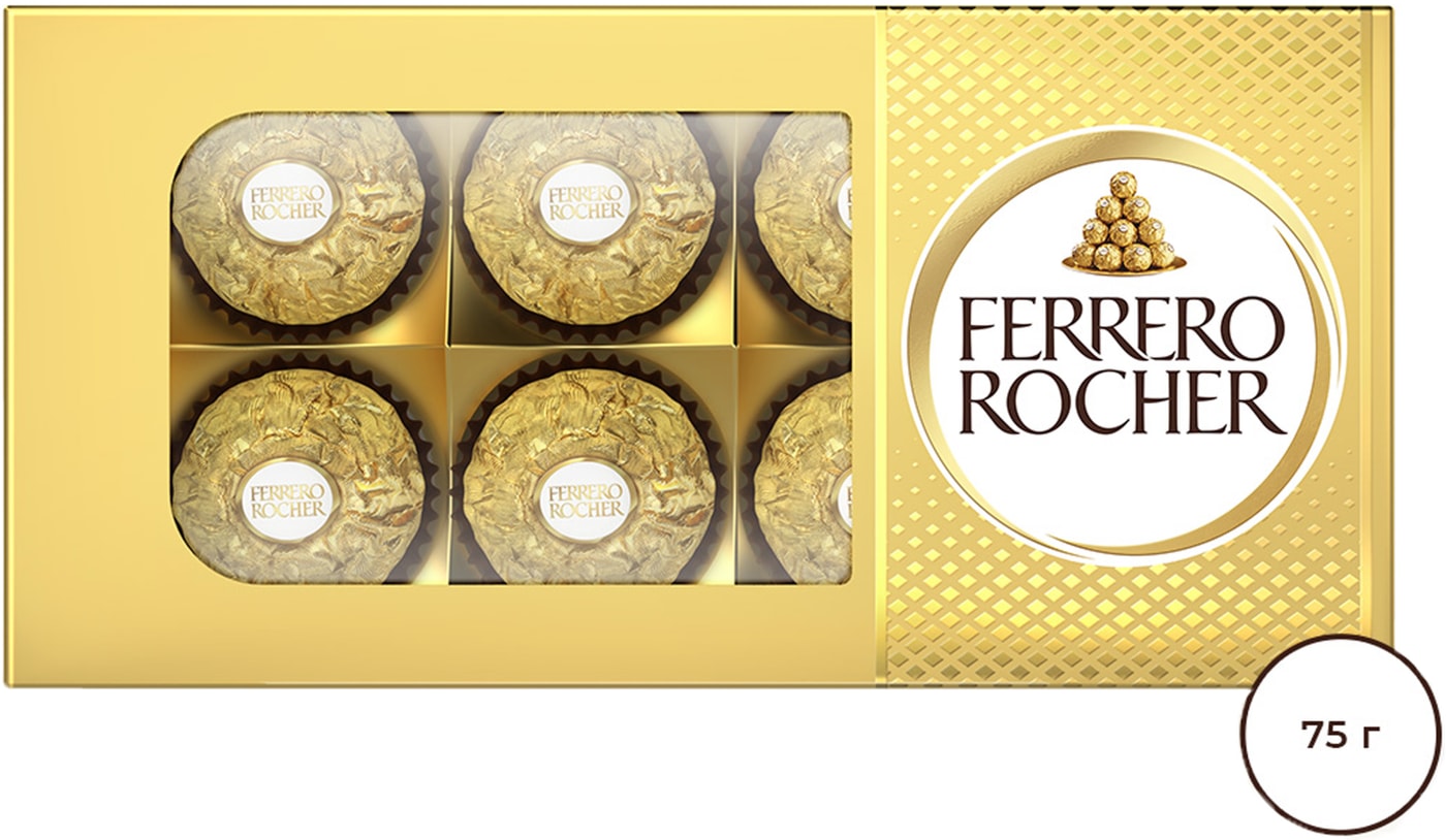 Изображение товара Конфеты Ferrero Rocher хрустящие из молочного шоколада 75г 6 шт подарок