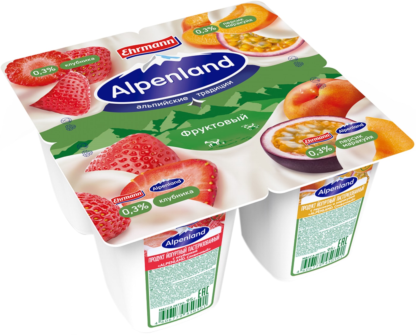 Изображение товара Продукт йогуртный Alpenland Клубника Персик-маракуйя 0.3% 4шт*95г