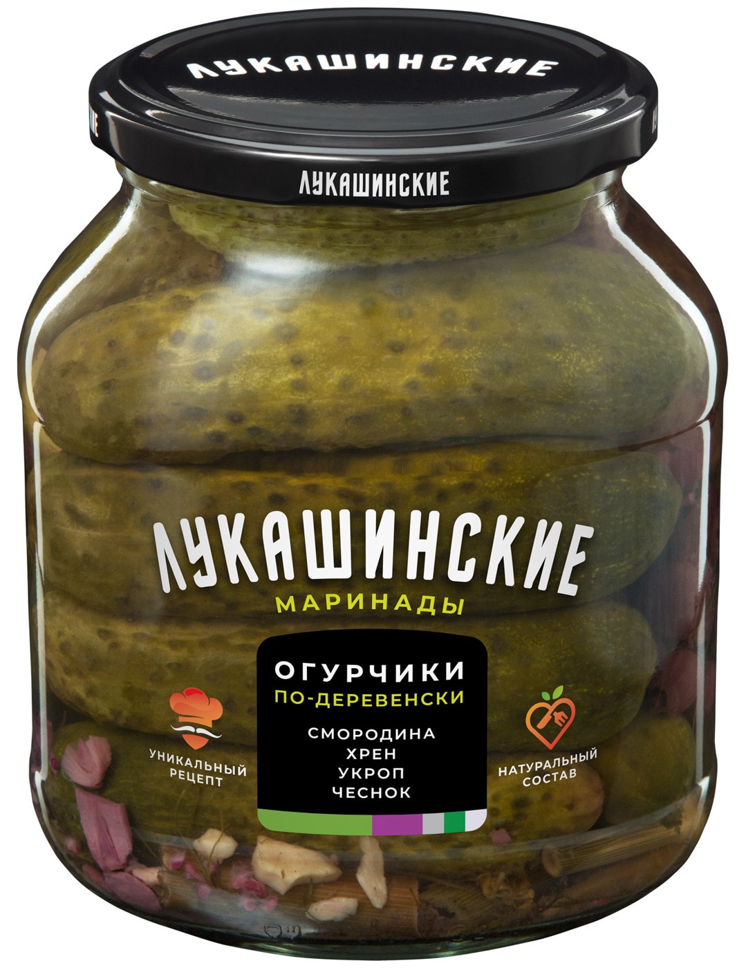 Изображение товара Огурчики Лукашинские маринованные по-деревенски с хреном и смородиной 670г