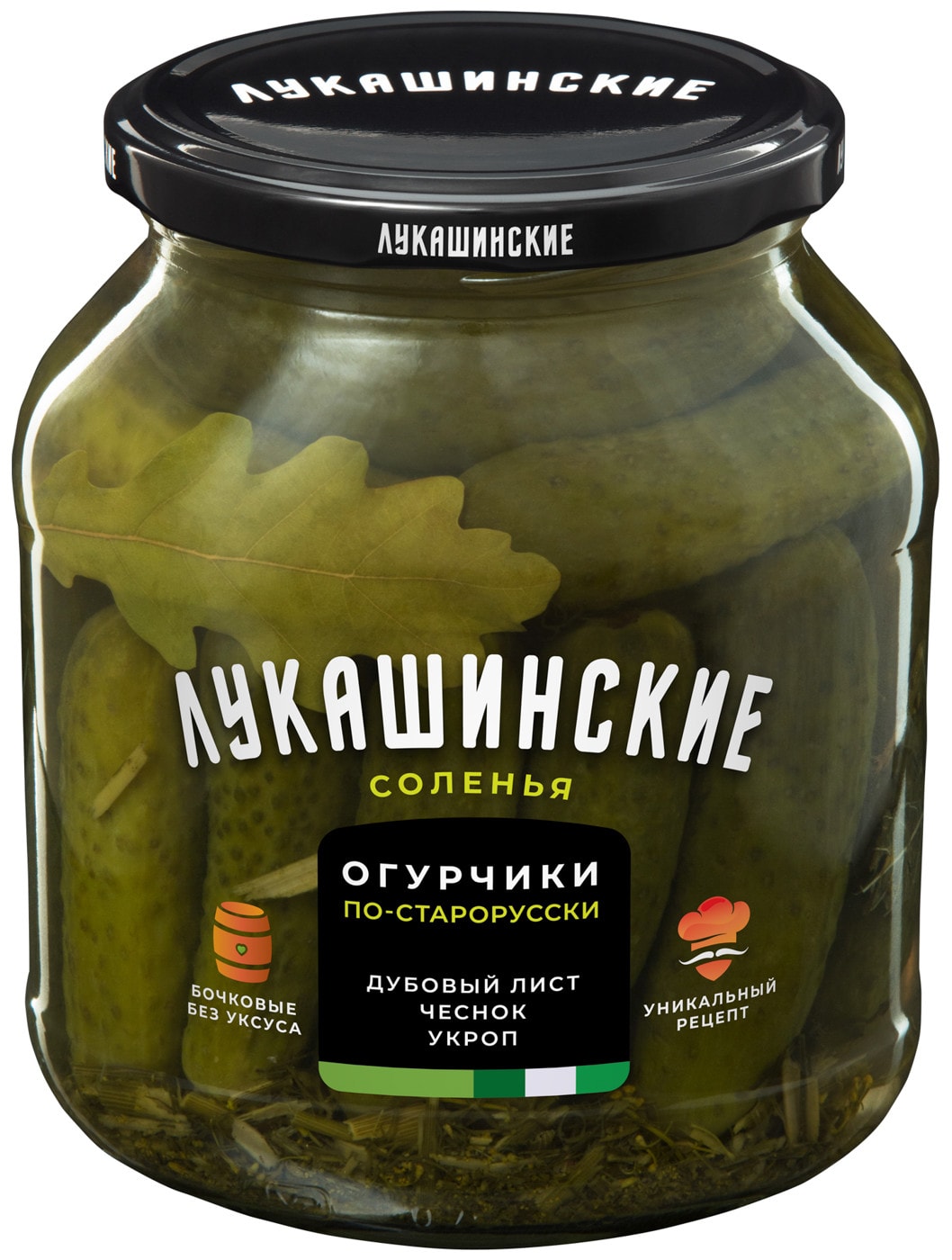 Изображение товара Огурчики Лукашинские По-старорусски с зеленью и дубовым листом 670г