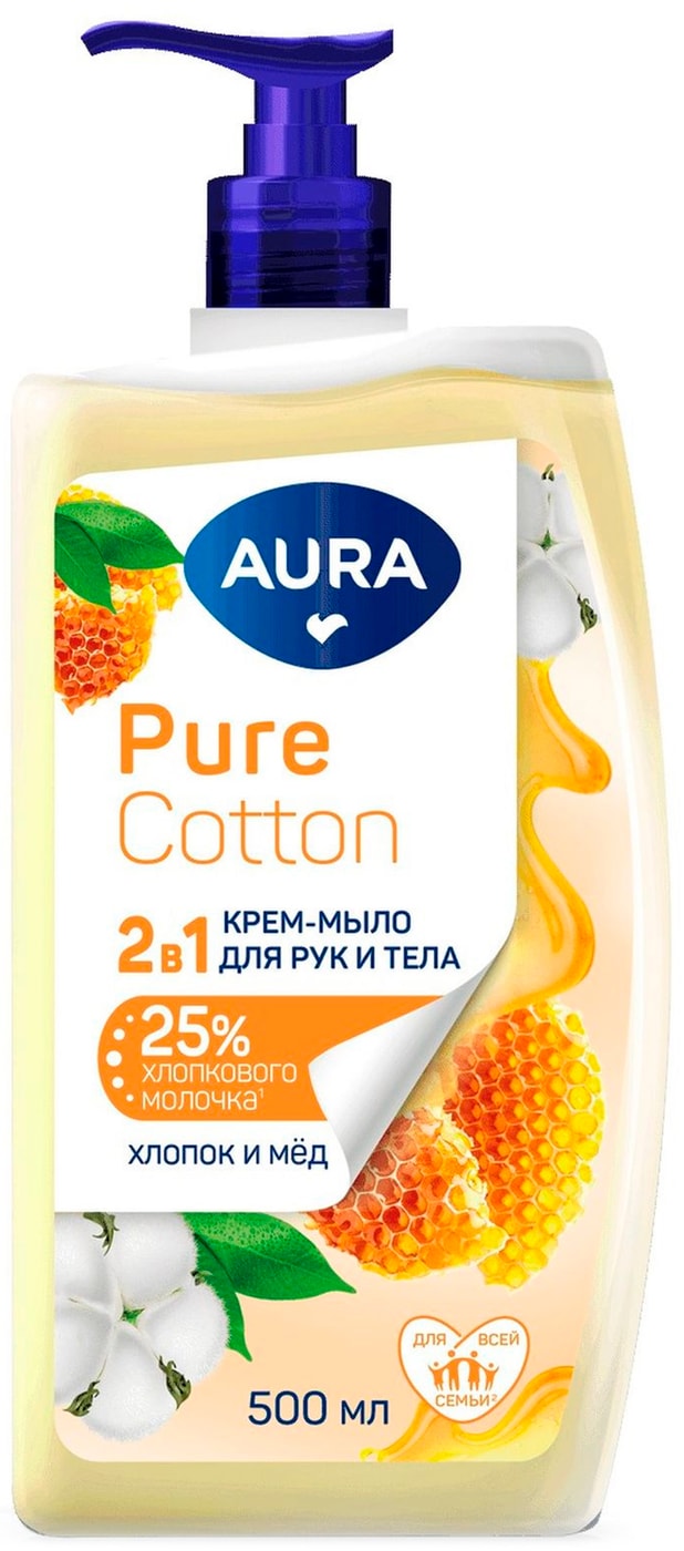 Изображение товара Крем-мыло Aura Pure Cotton хлопок и мед 2 в 1 500мл