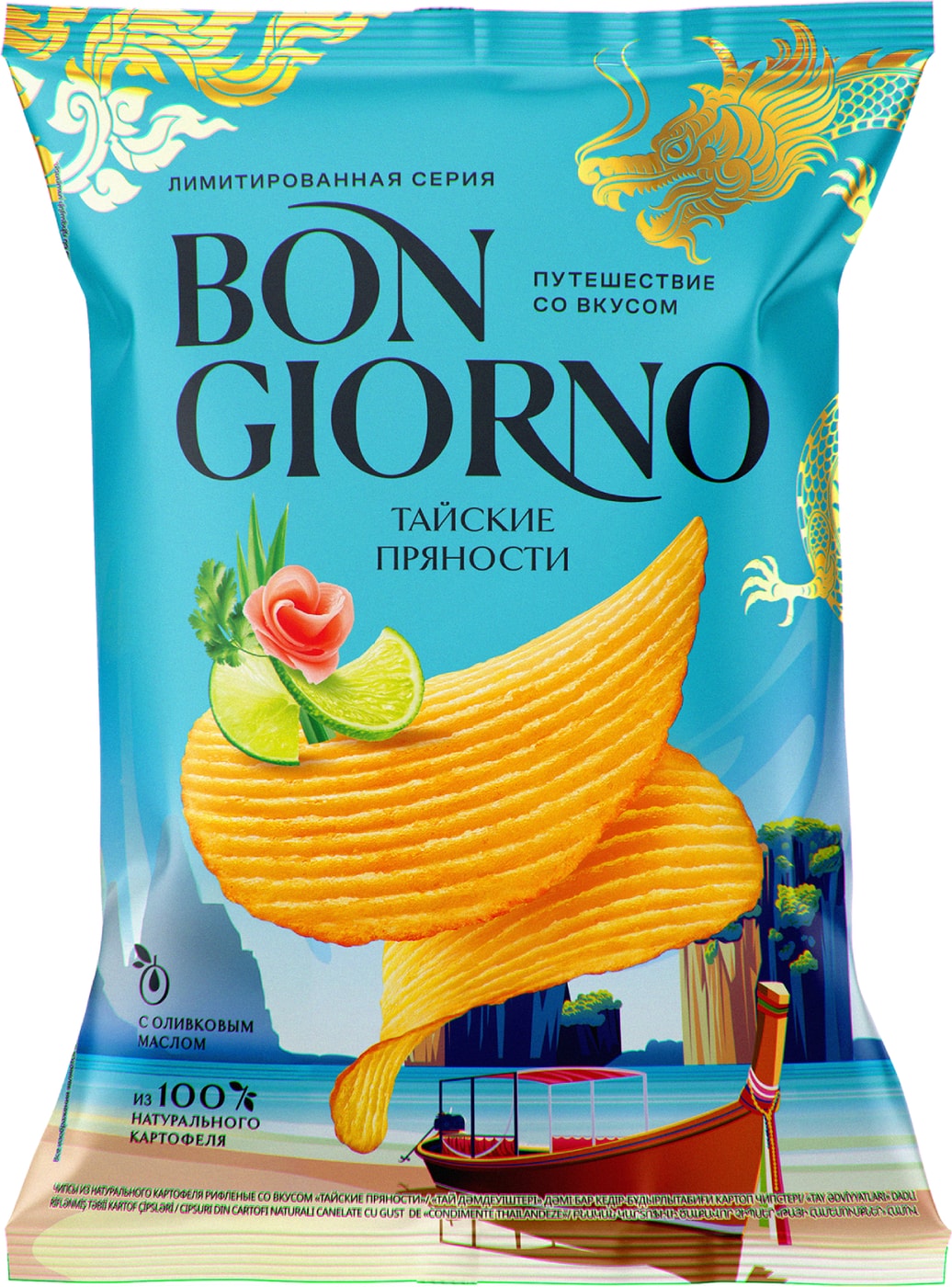 Изображение товара Чипсы Bon Giorno Тайские пряности 120г острый вкус свежесть вкусные перекусы