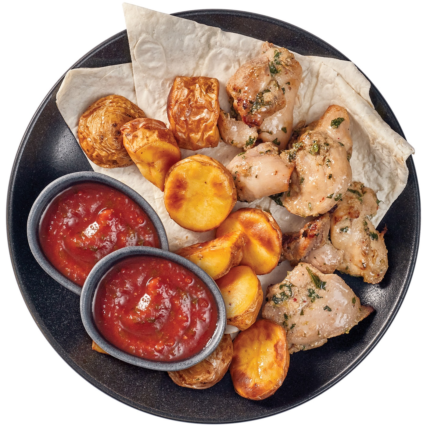 Изображение товара Шашлык Перекресток Select из курицы с картофелем томатным соусом и лавашом 250г