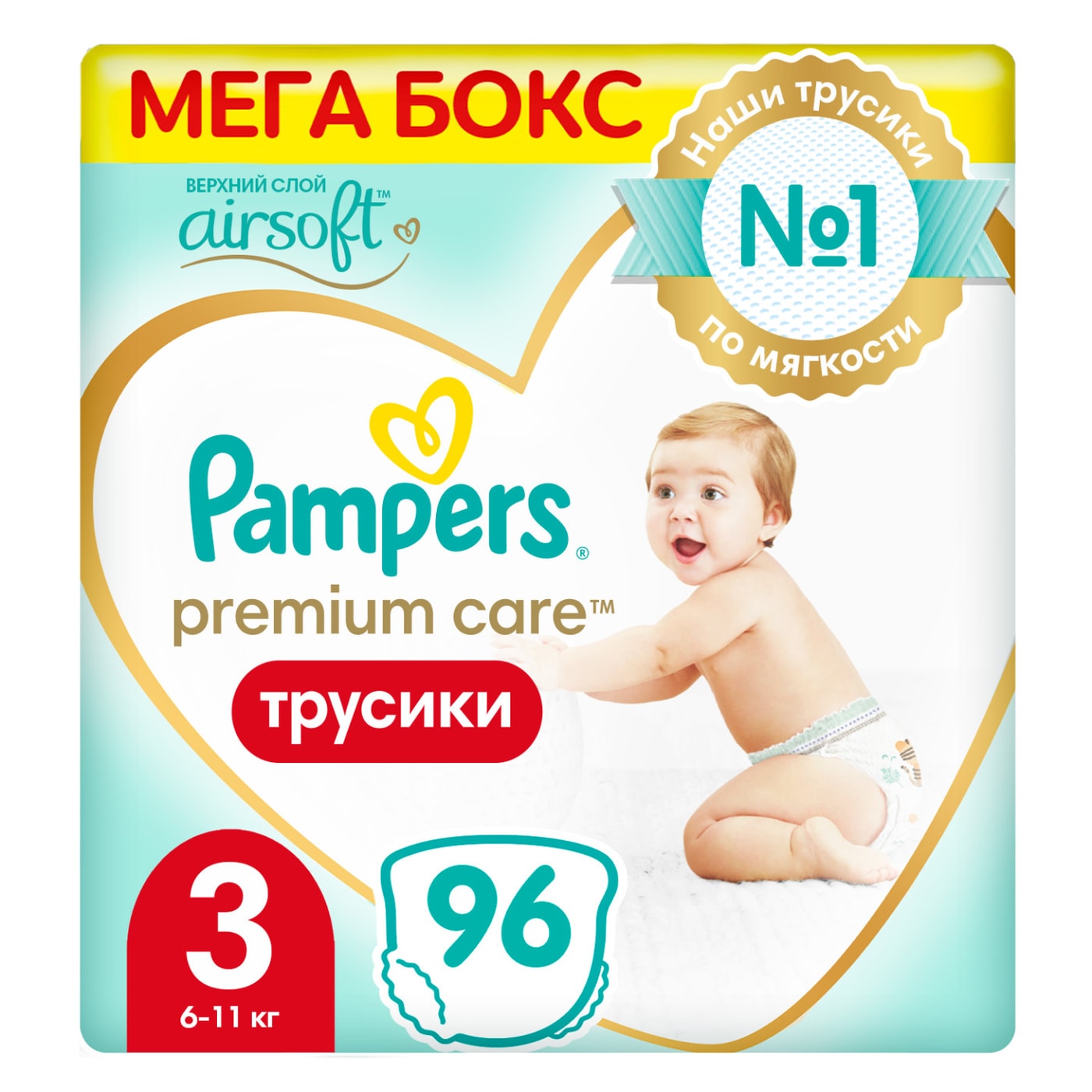 Изображение товара Подгузники трусики Pampers Premium Care 3 размер / 6-11кг ультрамягкие 96шт