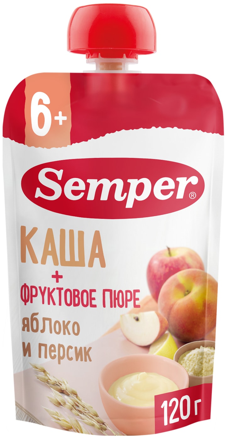 Изображение товара Пюре Semper Яблоко и Персик с кашей с 6 месяцев 120г