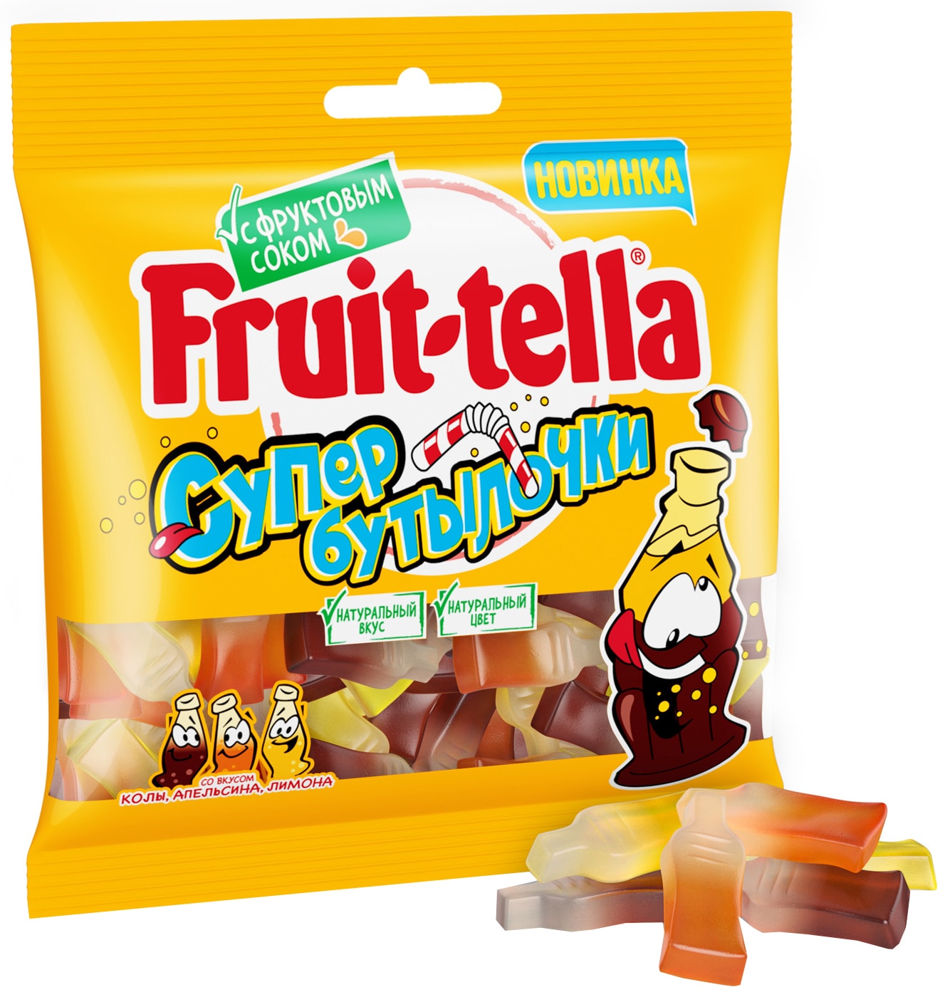 Изображение товара Мармелад Fruittella Супер Бутылочки Кола-Апельсин-Лимон 100г