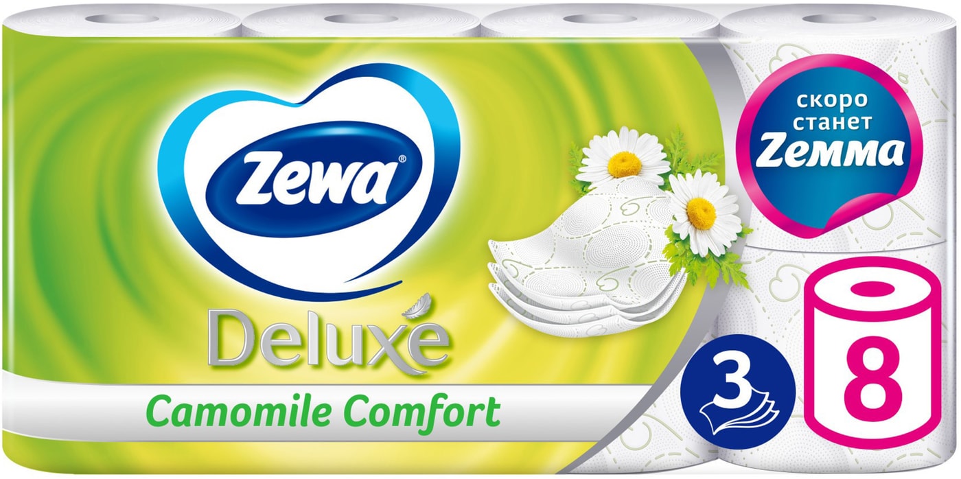 Изображение товара Туалетная бумага Zewa Deluxe Ромашка 8 рулонов 3 слоя