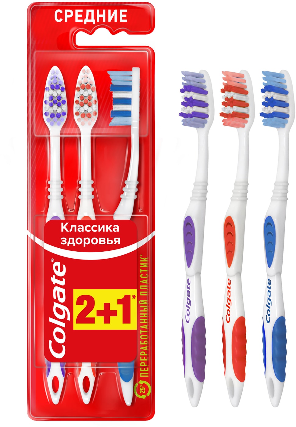 Изображение товара Зубная щетка Colgate Классика Здоровья многофункциональная средней жесткости 2+1шт