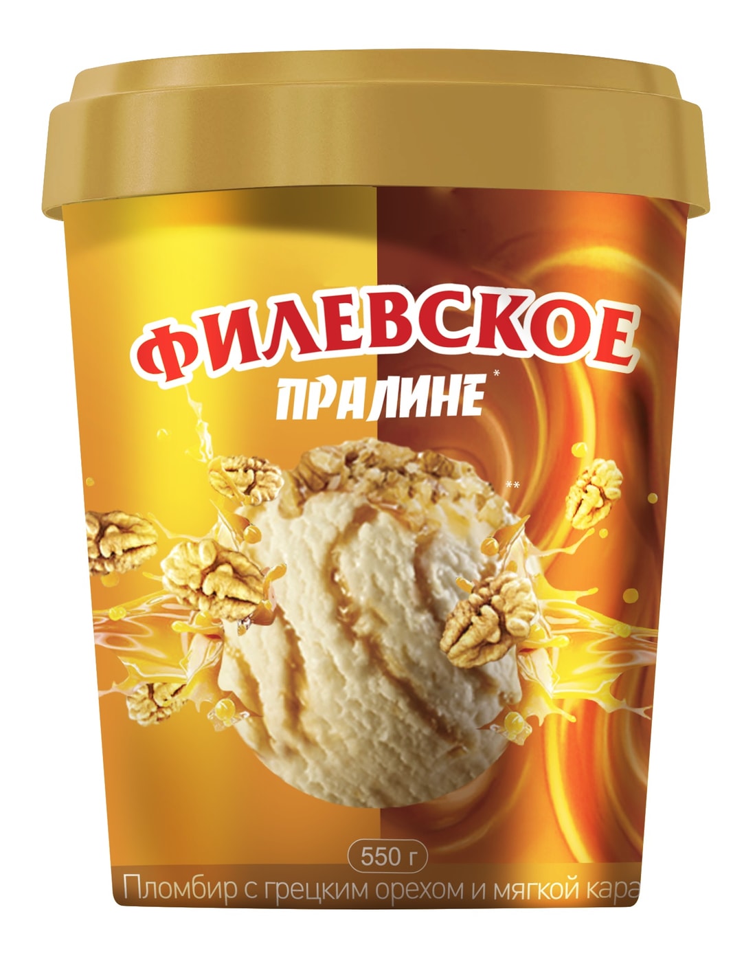 Изображение товара Мороженое Филевское Пломбир Пралине с грецким орехом и мягкой карамелью 550г
