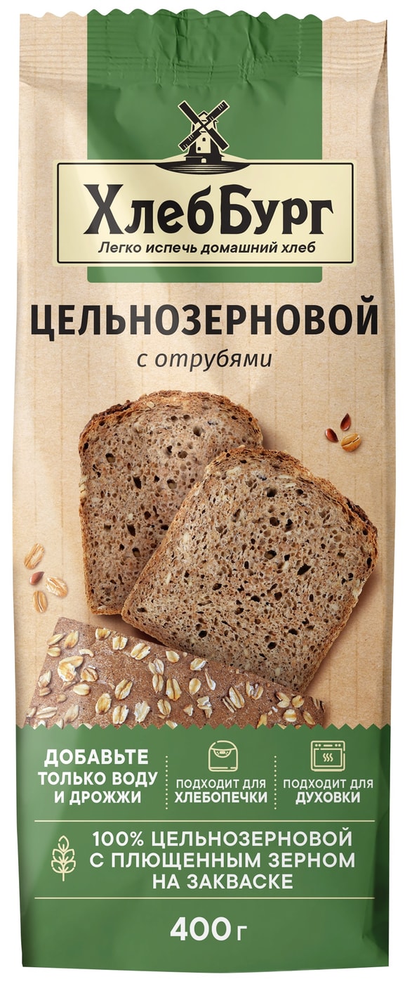 Изображение товара Смесь мучная Хлеббург Хлеб цельнозерновой 400г для выпечки