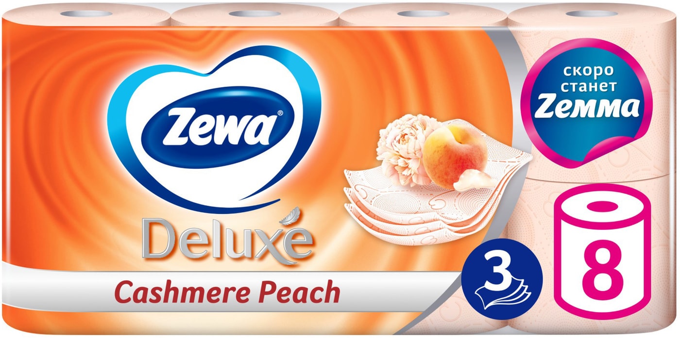 Изображение товара Туалетная бумага Zewa Deluxe Аромат Персика 8 рулонов 3 слоя