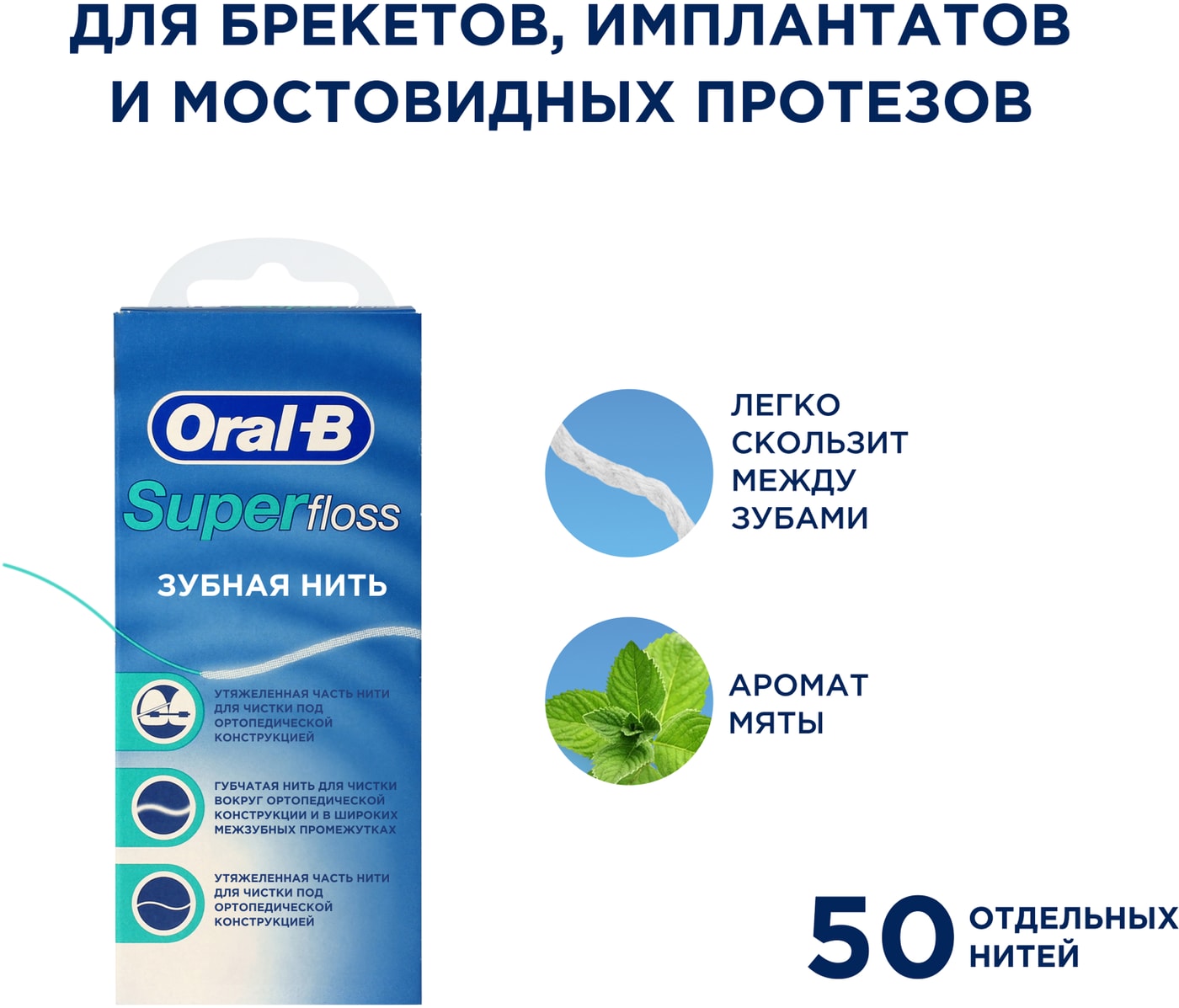 Изображение товара Зубная нить Oral-B Super Floss 50 нитей по 60см