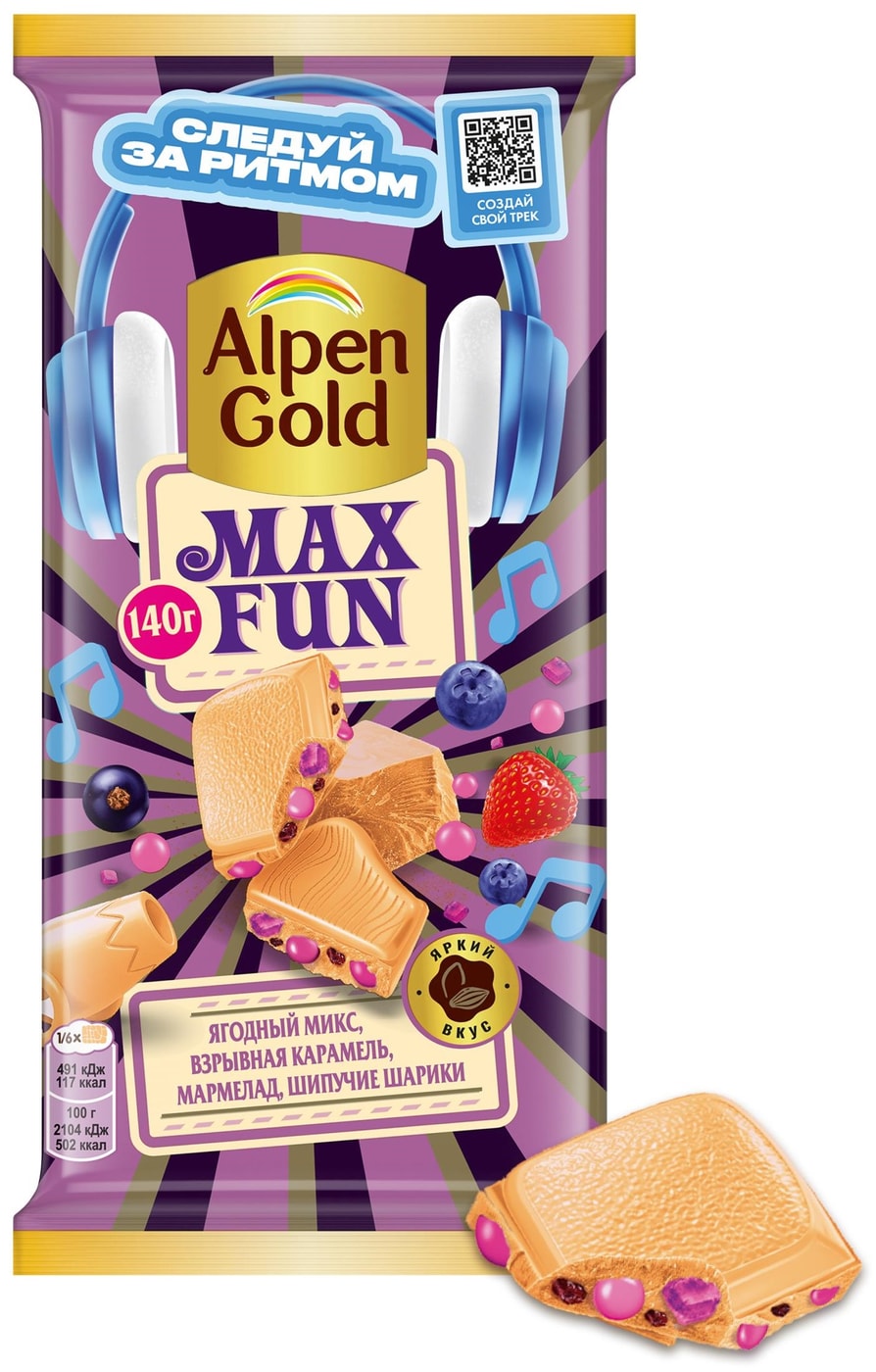Изображение товара Шоколад Alpen Gold Белый MaxFun Ягодный микс Взрывная карамель Мармелад и Шипучие шарики 140г