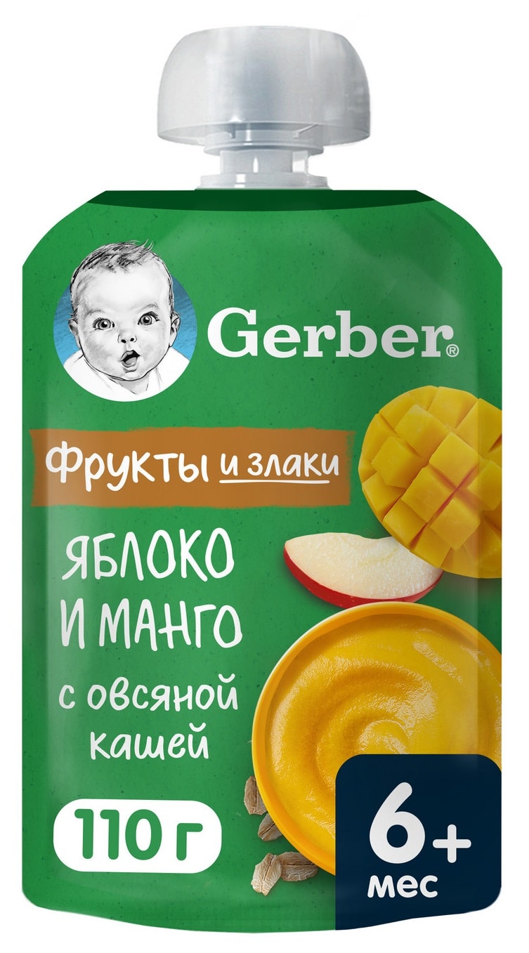 Изображение товара Пюре фруктово-зерновое Gerber Яблоко и манго с овсяной кашей с 6 месяцев 110г Изображение товара Пюре фруктово-зерновое Gerber Яблоко и манго с овсяной кашей с 6 месяцев 110г