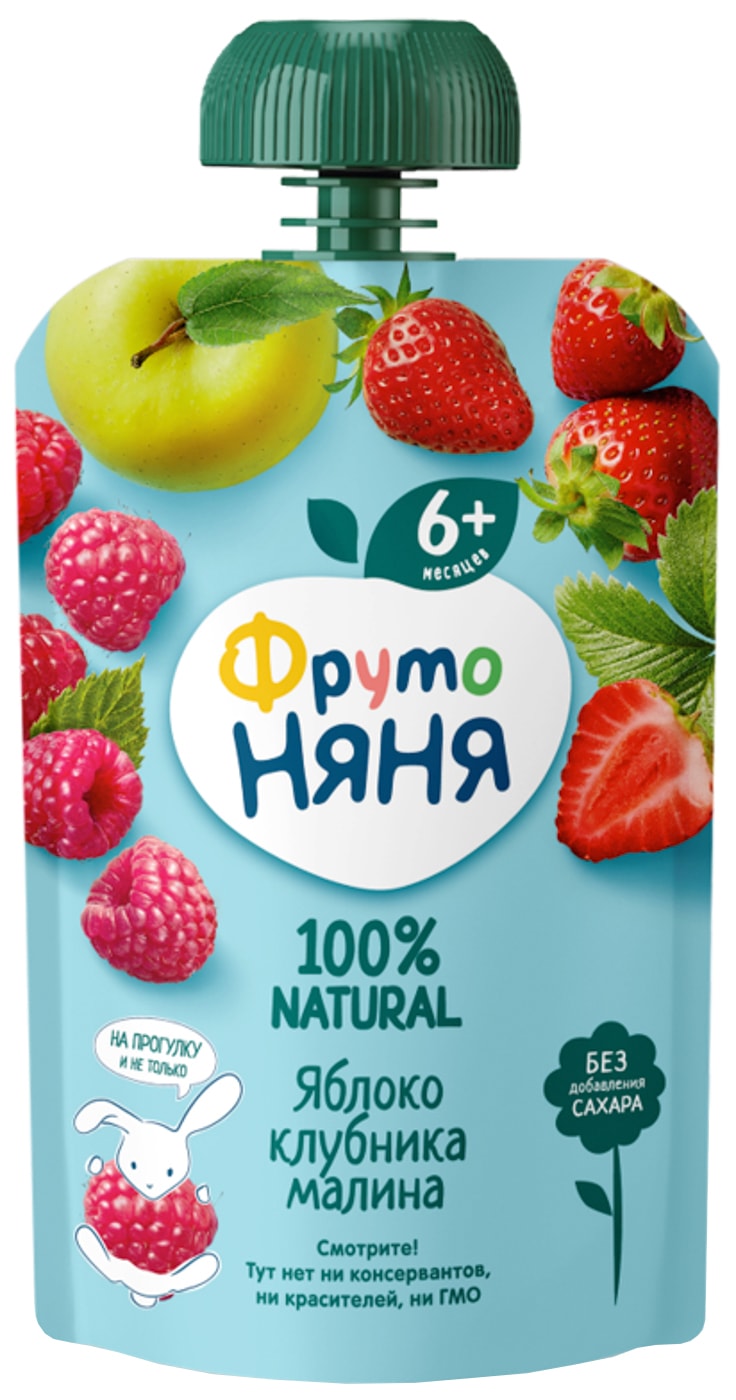 Изображение товара Десерт ФрутоНяня из яблок клубники и малины 90г