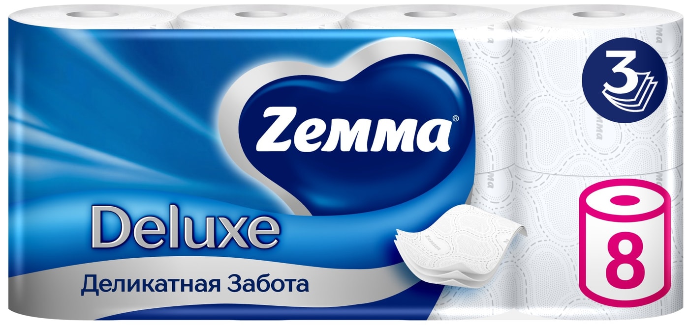Изображение товара Туалетная бумага Zemma Deluxe Деликатная Забота 3 слоя 8шт