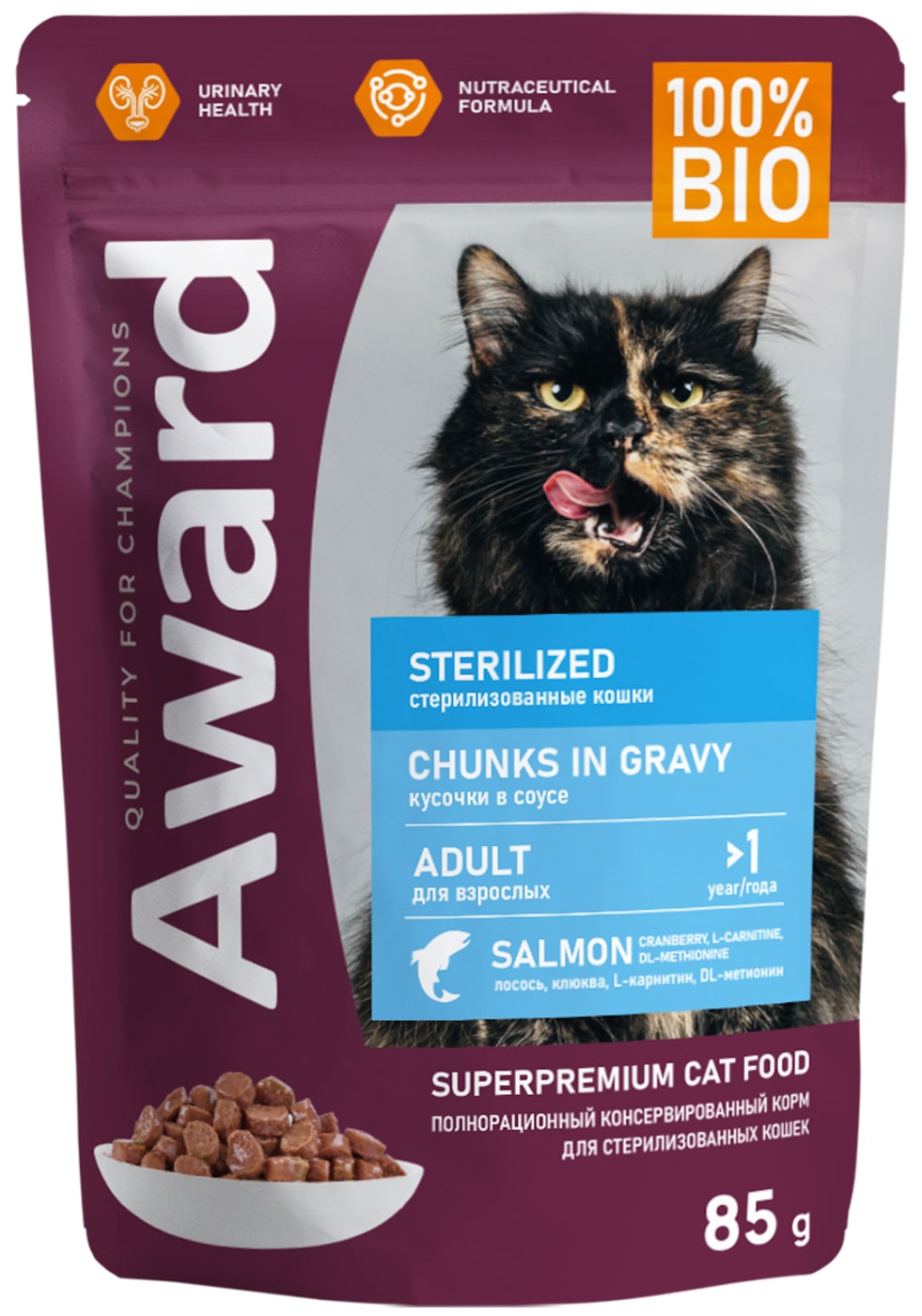 Изображение товара Влажный корм для кошек Award Sterilized для стерилизованных кусочки в соусе с лососем 85г