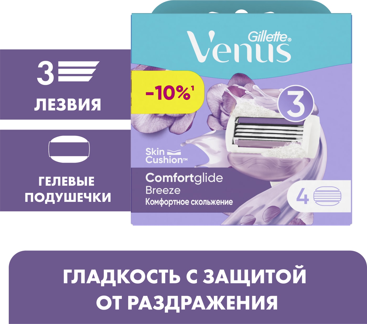 Изображение товара Кассеты для бритья Gillette Venus Breeze, 4 шт, для женщин, с гелевыми полосками, Польша