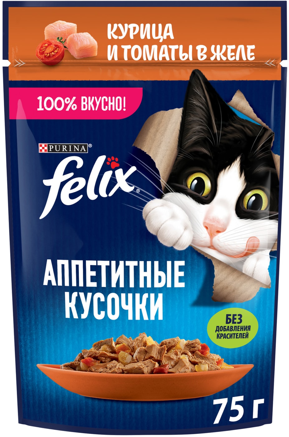 Изображение товара Влажный корм для кошек Felix Аппетитные кусочки с курицей и томаты в желе 75г