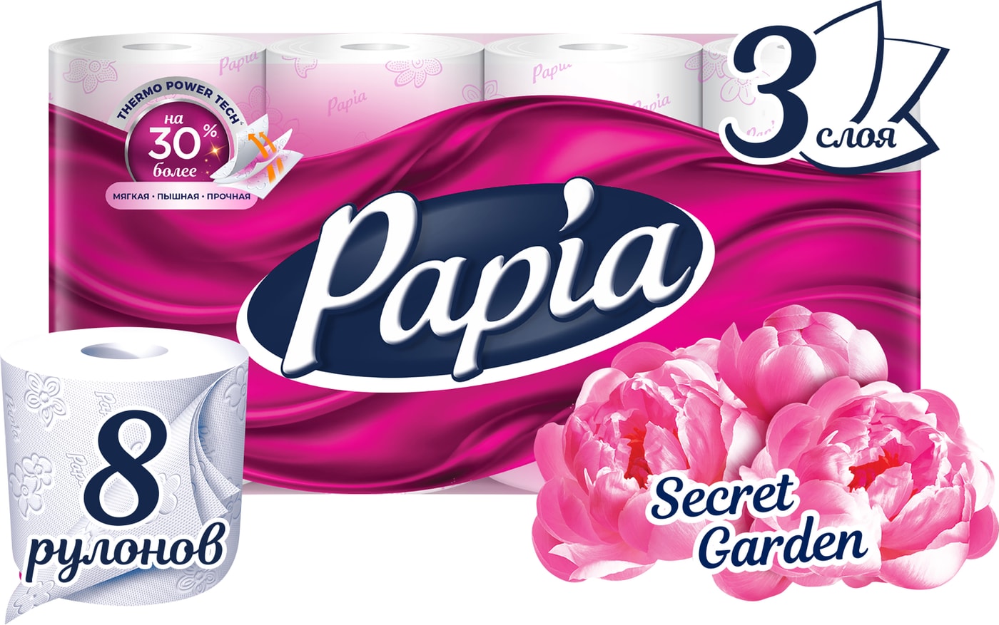 Изображение товара Туалетная бумага Papia Secret Garden ароматизированная 8 рулонов 3 слоя