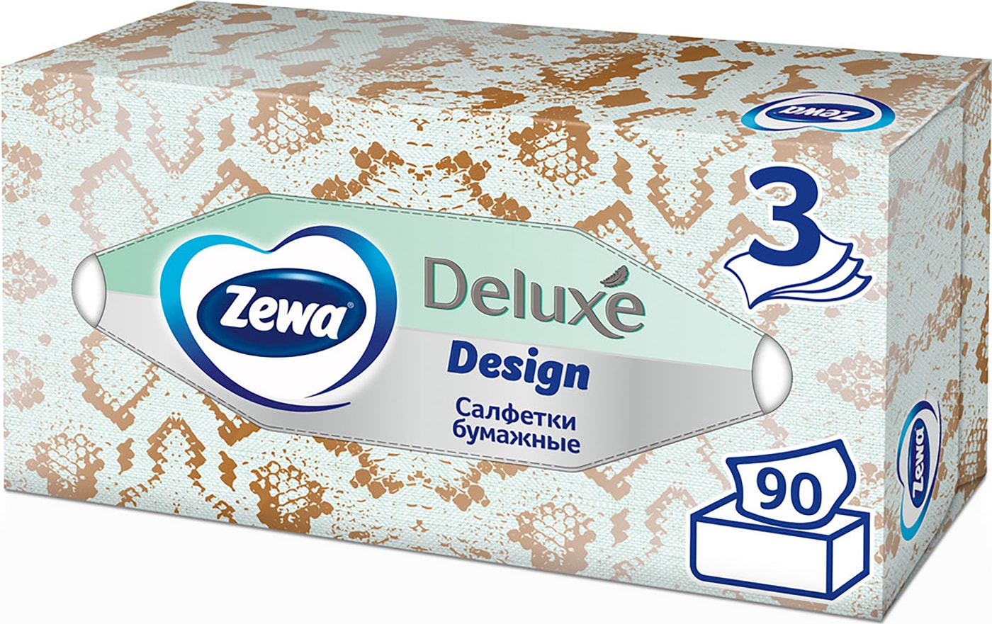 Изображение товара Салфетки бумажные Zewa Deluxe Дизайн косметические 3 слоя 90шт в ассортименте
