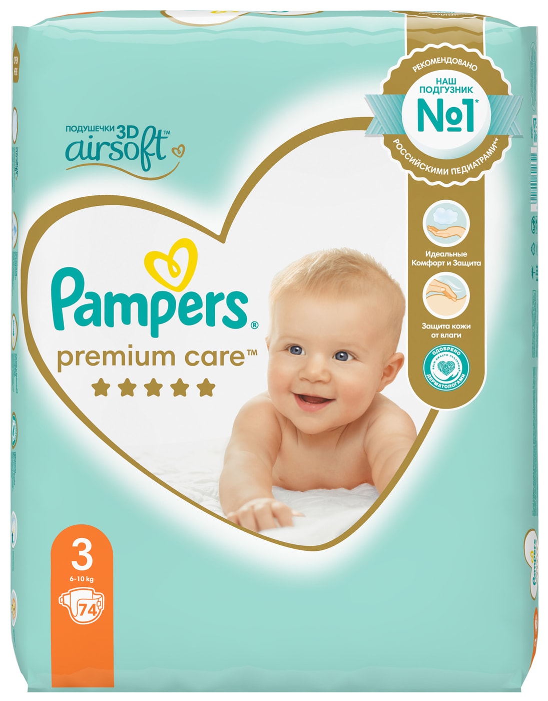 Изображение товара Подгузники Pampers Premium Care 3 размер / 6-10кг ультрамягкие 74шт