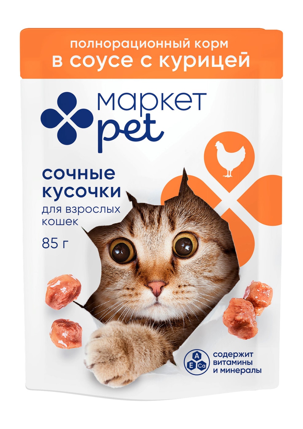 Изображение товара Влажный корм для кошек Маркет Pet Сочные кусочки в соусе с курицей 85г